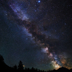 Wall Mural - astrophotography of milky way galaxy. silhouette of mountains. stars, nebula and stardust at night s
