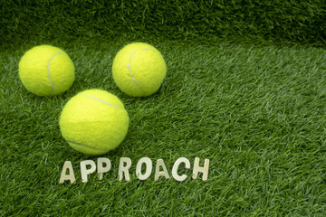 Wall Mural - Tennis ball with tennis wording term on green grass