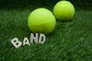 Wall Mural - Tennis ball with tennis wording term on green grass