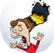 A cartoon woman screaming because her hair has burst into flames and smoke.