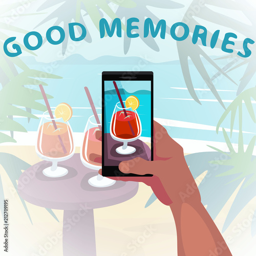 Hand Holds Smartphone And Show Beach Photo With Cocktail From Vacation Remember About Travel Concept First Person View Good Memories Inscription Cartoon Style Stock Vector Adobe Stock