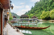 Parked wooden tourist boat on the Tuojiang River, Fenghuang
