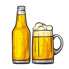 Vector colorful illustration of beer mug and glass bottle filled with light beer. Beer bottle and glass of beer, isolated on white background 1.1