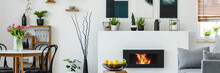 Panorama Of A White Open Space Dining And Living Room Interior With A Bio Fireplace, Plants And Industrial, Black Decorations