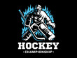 Ice hockey goalie on fire - emblem design, illustration on a black background