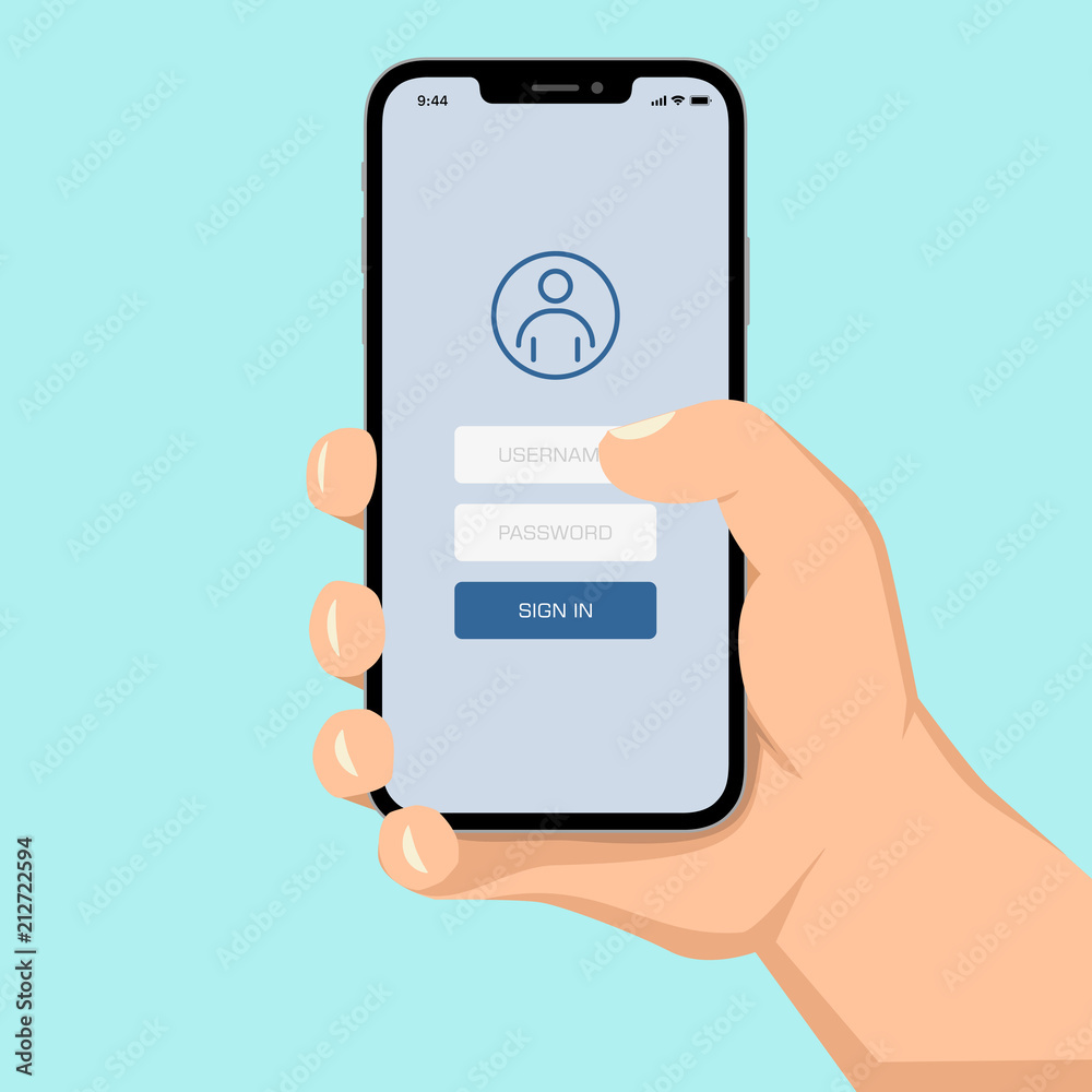 Brutal human hand holding smartphone with white screen flat style ...