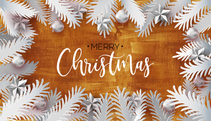 Wall Mural - Merry Christmas and Happy New year Branches Frame on golden textured background. Vector Illustration. Paper art cut out fir tree branches around calligraphy greetings. Retro styled holiday banner