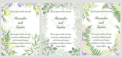 Set of templates for wedding invitation cards with floral design, vector illustrations.