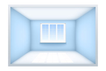 Example of an empty room with blue walls and a window. Simple interior without furnish and furniture. Sunlight falls from the window to the floor. Vector Illustration