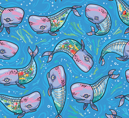 Wall Mural - Seamless pattern with floral anatomy whales in cartoon style. Vector illustration