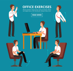 Sticker - Office exercises at desk. Diagram for health employees vector illustration