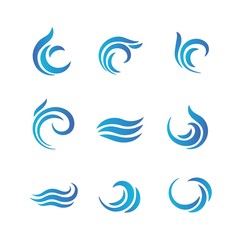  Wave logos. Blue water waves with splashes vector emblems