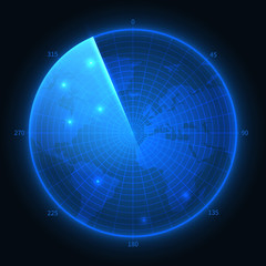 Poster - radar screen. military blue sonar. navigation interface vector map