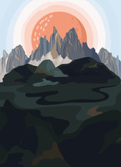 Sticker - Painted mountain view landscape illustration