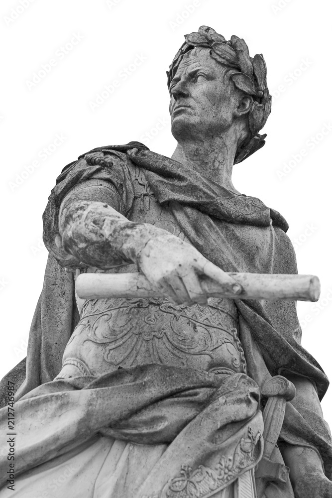 Roman emperor Julius Caesar statue isolated over white background - obrazy, fototapety, plakaty 