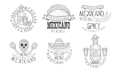 Poster - Original vector Mexican logos for restaurants. Monochrome emblems with traditional food and drink, maracas and skull