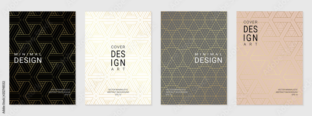 Vector set of cover design template with minimal golden geometric patterns. - obrazy, fototapety, plakaty 