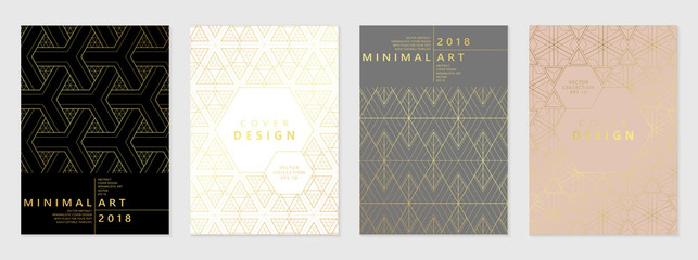 Vector set of cover design template with minimal golden geometric patterns.