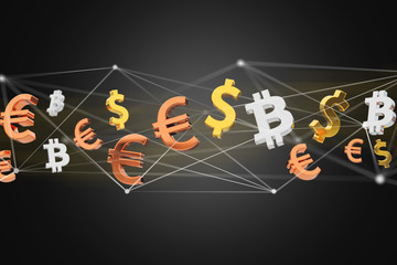 Dollar, Euro and Bitcoin signs flying around a network connection - 3d render