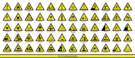 collection of warning signs. set of safety signs. caution signs. signs of danger and alerts.
