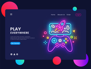 Gamer website concept banner Vector design template. Play Everywhere light banner in neon style, modern trend design, bright nightlife advertisement. Vector illustration