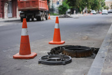 Manhole Cover Replacement, Sewer System Repair, Sewerage; Roadworks, Traffic Cones