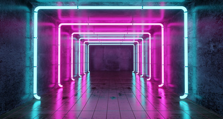 Abstract Futuristic Sci Fi Concrete Room With Different Glowing Neon Lights And Reflections  Space For Text 3d Rendering