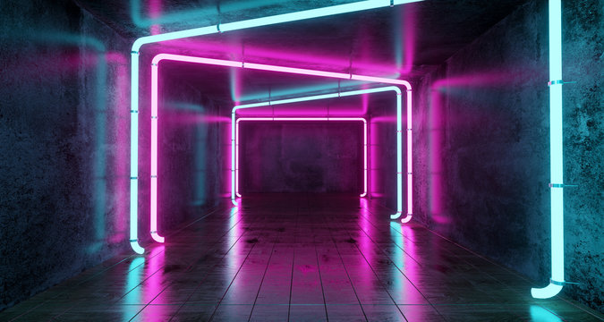 abstract futuristic sci fi concrete room with different glowing neon lights and reflections space fo