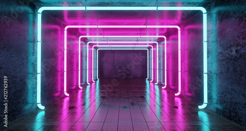 Abstract Futuristic Sci Fi Concrete Room With Different Glowing Neon Lights And Fototapet