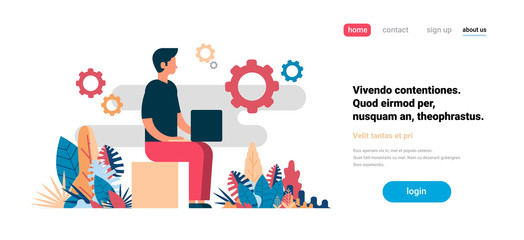 Poster - man using laptop working process cogwheel background flat horizontal copy space vector illustration