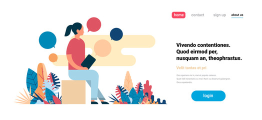 Poster - woman using laptop chat bubbles working process messenger concept flat horizontal copy space vector 