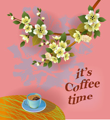 Canvas Print - Banner spring leaves blooming cherry blossom. Coffee on the table in the spring. Time to drink coffee.