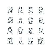 Woman And Man Face Line Icons. Female Male Profile Outline Symbols With Different Hairstyles. Vector People Avatars Isolated