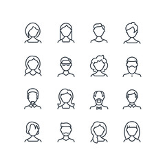 woman and man face line icons. female male profile outline symbols with different hairstyles. vector