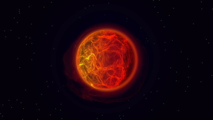 Fire planet in outer space. Burning sun with solar flares and energy charges. Rotating, ball beautiful tongues of fire and flame. Fire ball