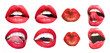 Leinwandbild Motiv Mouth Icon. Sexy female lips with red lipstick isolated on white. White teeth, tongue of beautiful young women. Seductive lady mouth open, red lips. Different sensual forms of woman lips set