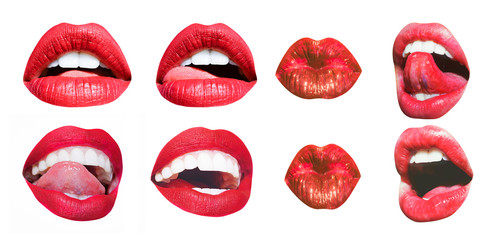 mouth icon. sexy female lips with red lipstick isolated on white. white teeth, tongue of beautiful y