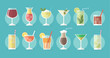 Cocktail collection in flat style - set of illustrations with different drinks and cocktails