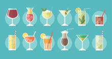 Cocktail Collection In Flat Style - Set Of Illustrations With Different Drinks And Cocktails