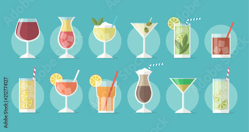 Cuadros en Lienzo Cocktail collection in flat style - set of illustrations with different drinks a