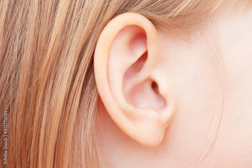 The little girl's ear is close-up. Isolated on white background. - obrazy, fototapety, plakaty 