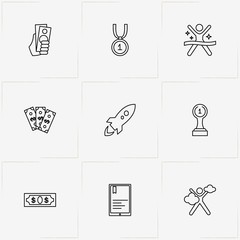 Success line icon set with happy man , money and running man