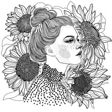 Vector Black And White Coloring Ornament Face Of Beautiful Girl In Profile, On Her Head Hairstyle Bunch, On Background Of Large Ripe Sunflowers With Seeds
