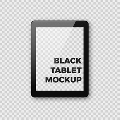 Fototapete - Realistic vector tablet mockup on transparent checkered background. Shiny black pad tablet ebook template with empty blank screen.
