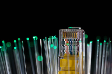 Canvas Print - Yellow internet switch, green optical fibres close up macro shot on black background.