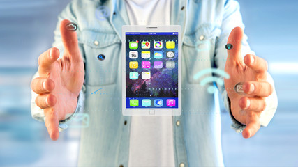 Poster - Businessman holding a tablet surrounding by app and social icon - 3d render