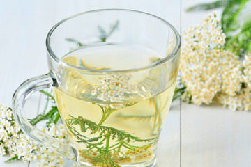 Yarrow medicinal tea in glass mug and yarrow flowers over light blue wooden table (Achillea millefolium) closeup