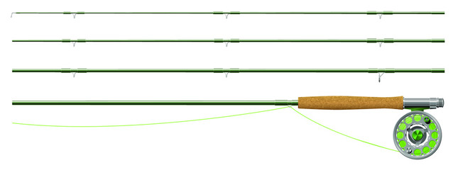 Fly fishing rod and reel, in sections