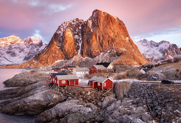 Wall Mural - houses in the lofoten islands bay. natural landscape during sunrise