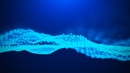 Leinwandbilder - Music abstract blue background. Sound wave. Futuristic technology AI element. Big data visualization. Molecular background with connecting dots and lines. 3d rendering